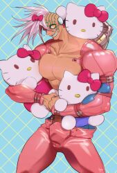 Rule 34 | 1boy, alternate color, bow, cameo, carrying, carrying over shoulder, carrying under arm, character doll, collarbone, commentary, cowboy shot, cyborg, detached sleeves, english commentary, extra arms, facial mark, flexing, grin, hair between eyes, hair bow, hello kitty, hello kitty (character), highres, looking at viewer, male focus, mohawk, muscular, muscular male, own hands together, pants, pink bow, pink pants, pink theme, prosthesis, prosthetic arm, razlo the tri-punisher of death, rozaroza, sanrio, shiny clothes, short hair, smile, solo, stuffed toy, trigun, white hair, yellow eyes