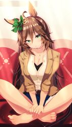 Rule 34 | 1girl, ahoge, animal ears, barefoot, belt, blue skirt, breasts, brown belt, brown hair, brown jacket, closed mouth, commentary request, couch, crossed legs, ear ornament, green eyes, hair between eyes, hair ornament, hairclip, highres, horse ears, horse girl, horse tail, indian style, jacket, jewelry, light particles, long hair, long sleeves, looking at viewer, medium breasts, mr. c.b. (umamusume), necklace, official alternate costume, on couch, open clothes, open jacket, shirt, sitting, skirt, solo, tail, umamusume, unier, very long hair, white shirt