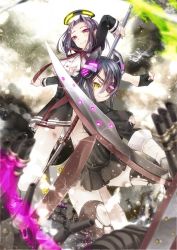 Rule 34 | 10s, 218, 2girls, eyepatch, glaive (polearm), gloves, halo, headgear, kantai collection, mechanical halo, multiple girls, necktie, personification, polearm, purple eyes, purple hair, school uniform, short hair, smile, sword, tatsuta (kancolle), tenryuu (kancolle), thighhighs, torn clothes, weapon, yellow eyes