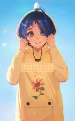 Rule 34 | 1girl, ahoge, balancing on head, blue eyes, blue hair, blue sky, buttons, commentary, copyright name, dark blue hair, day, egg, floral print, hair over one eye, hanr10, heterochromia, highres, hood, hood up, hoodie, lips, looking at viewer, ooto ai, parted lips, petals, short hair, sky, smile, solo, sunflower print, symbol-shaped pupils, triangle, triangle-shaped pupils, triangle hair ornament, upper body, wonder egg priority, yellow eyes, yellow hoodie