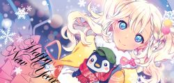 Rule 34 | 1girl, bird, bittersweet (dalcoms), blonde hair, blue eyes, blush, capelet, hat, highres, long hair, mittens, new year, original, penguin, ribbon, scarf, skirt, smile, snowflakes, solo, twintails