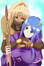 Rule 34 | 2girls, :d, absurdres, akuron (acllon), blonde hair, blue background, blue hair, bracelet, breasts, circlet, dark-skinned female, dark skin, earrings, green eyes, hair ornament, highres, holding, holding staff, hug, hug from behind, jewelry, large breasts, long hair, mouth veil, multiple girls, neck ring, open mouth, outdoors, pales (sennen sensou aigis), parted bangs, purple robe, robe, sasha (sennen sensou aigis), sennen sensou aigis, smile, staff, upper body, veil, yellow eyes