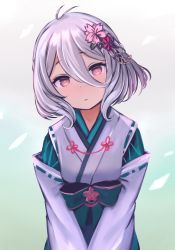 Rule 34 | 1girl, :&lt;, ahoge, aqua background, cherry blossoms, commentary request, cowboy shot, detached sleeves, enumiyaa, expressionless, flower, gradient background, grey background, hair between eyes, hair flower, hair ornament, head tilt, highres, japanese clothes, kimono, kokkoro (new year) (princess connect!), kokkoro (princess connect!), light purple hair, looking at viewer, obi, pink eyes, princess connect!, sash, short hair, solo, standing, v arms