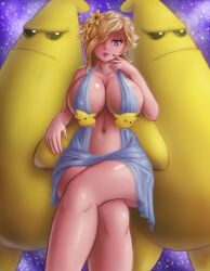 Rule 34 | 1girl, ancient greek clothes, aphrodite (shuumatsu no valkyrie), aphrodite (shuumatsu no valkyrie) (cosplay), banana, blonde hair, blue cloth, blue eyes, breasts, cleavage, crossed legs, dual persona, flowers in hair, food, fruit, greco-roman clothes, hair over one eye, huge breasts, long hair, looking back, luma (mario), mario (series), nintendo, parody, rosalina, saf-404, seductive smile, servants holding aphrodite&#039;s breasts (meme), shuumatsu no valkyrie, sideboob, smile, space, super mario galaxy, toned female