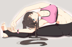 Rule 34 | 1girl, absurdres, aqua eyes, arms up, assault lily, bare arms, bare shoulders, black pants, blush, breasts, brown hair, cleavage, closed mouth, collarbone, commentary request, exercising, grey background, hair spread out, high ponytail, highres, jewelry, large breasts, leaning to the side, long hair, looking at viewer, midriff, navel, no shoes, official alternate costume, one eye closed, pants, pink sports bra, ponytail, ring, senri (senri03151221), serizawa chikaru, sidelocks, simple background, sitting, solo, split, sports bra, stirrup legwear, stomach, stretching, toeless legwear, v-shaped eyebrows, wristband, yoga pants