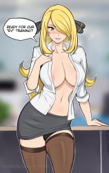 Rule 34 | 1girl, black panties, blonde hair, blush, breasts, cleavage, collarbone, collared shirt, cowboy shot, creatures (company), cynthia (pokemon), english text, feet out of frame, game freak, grey skirt, hair ornament, hair over one eye, heart, highres, large breasts, lepypepy, lips, long hair, looking at viewer, miniskirt, navel, nintendo, nipple slip, nipples, open clothes, open shirt, panties, panty peek, parted lips, patreon username, pokemon, pokemon dppt, shirt, skirt, smile, solo, speech bubble, steam, thighhighs, thighs, underwear, watermark, web address, white shirt