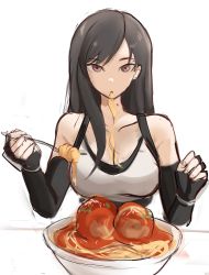 Rule 34 | 1girl, bare shoulders, black hair, bowl, breasts, brown eyes, cleavage, commentary, eating, elbow gloves, english commentary, final fantasy, final fantasy vii, final fantasy vii remake, fingerless gloves, food, fork, gloves, hands up, highres, holding, holding fork, italian senate porn livestream (meme), italian senate porn livestream (meme), large breasts, long hair, looking at viewer, meatball, meme, pasta, pov across table, rakeemspoon, sauce, simple background, sketch, solo, spaghetti, spaghetti and meatballs, square enix, suspenders, swept bangs, tank top, tifa lockhart, upper body, white background, white tank top