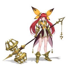 Rule 34 | 1girl, armor, black gloves, bow, breasts, cheolseung ok, dress, elbow gloves, fingerless gloves, full body, gloves, gold footwear, green eyes, hair ornament, hammer, highres, holding, holding hammer, huge weapon, long hair, looking at viewer, original, red hair, simple background, solo, standing, twintails, weapon, white background, yellow bow