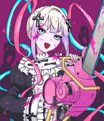 Rule 34 | 1girl, black dress, blonde hair, blood, blood in hair, blood on clothes, blood on face, bloody weapon, blue eyes, blue hair, chainsaw, chouzetsusaikawa tenshi-chan, cross, cross hair ornament, dress, eencya, frilled shirt collar, frilled sleeves, frills, gothic lolita, hair ornament, holding, holding chainsaw, latin cross, lolita fashion, long sleeves, multicolored hair, needy girl overdose, official art, pink background, pink blood, pink hair, pixel art, quad tails, second-party source, solo focus, upper body, weapon