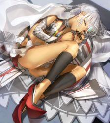 Rule 34 | 1girl, altera (fate), altera larva (fate), black nails, closed mouth, dark-skinned female, dark skin, detached sleeves, fate/extella, fate/extra, fate (series), full body, game cg, half-closed eyes, highres, legs, lying, nail polish, non-web source, official art, on ground, photoshop (medium), red eyes, red footwear, sleeping, solo, thighhighs, veil, wada arco, white hair