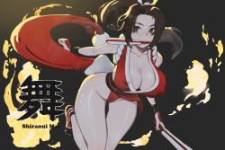 Rule 34 | 1girl, breasts, character name, fatal fury, fire, folded fan, folding fan, hand fan, highres, large breasts, no bra, pelvic curtain, ponytail, revealing clothes, shiranui mai, socks, solo, thighs