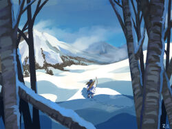 Rule 34 | 1girl, asirpa, bandana, bare tree, black hair, blue bandana, blue sky, bow (weapon), cape, chinese commentary, cloud, commentary request, dated commentary, day, full body, fur cape, golden kamuy, long hair, mountainous horizon, outdoors, quiver, scenery, shadow, sky, snow, solo, standing, tree, weapon, white cape, winter, zi tsas