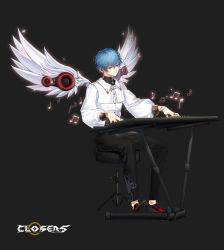 Rule 34 | 1boy, blue eyes, blue hair, closers, full body, highres, instrument, musical note, nata (closers), official art, piano, solo, wings