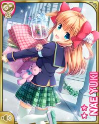 Rule 34 | 1girl, :o, argyle, argyle clothes, argyle legwear, beads, blue eyes, bow, bowtie, brown hair, card (medium), day, girlfriend (kari), glass jar, hair bow, hallway, indoors, looking at viewer, mary janes, official art, open mouth, plaid, plaid skirt, qp:flapper, ribbon, school uniform, shoes, skirt, solo, stuffed animal, stuffed toy, tagme, teddy bear, thighhighs, two side up, white thighhighs, yuuki nae