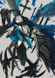 Rule 34 | 1girl, bare shoulders, bird skull, black wings, blue dress, blue eyes, blue feathers, blue wings, closed mouth, cross, dress, feather trim, feathered wings, feathers, flying, grey background, highres, impaled, long hair, mrpk, multiple wings, original, signature, simple background, skeleton, solo, talons, white hair, wings