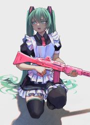Rule 34 | 1girl, alternate costume, annoyed, apron, assault rifle, black dress, blue eyes, blue hair, blush, collared dress, dress, enmaided, gun, hatsune miku, highres, holding, holding gun, holding weapon, juliet sleeves, long hair, long sleeves, looking to the side, maid, maid apron, necktie, open mouth, pink necktie, puffy sleeves, rifle, shadow, solo, squatting, thighhighs, trigger discipline, twintails, vertigris, very long hair, vocaloid, weapon