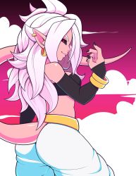 Rule 34 | 1girl, android 21, breasts, colored skin, dragon ball, dragon ball fighterz, highres, majin android 21, mrsteak, pink skin, red eyes, smile, solo, strapless, tail, tube top, white hair