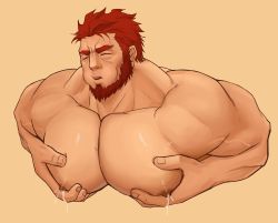 Rule 34 | 1boy, absurdres, bara, beard, closed eyes, cropped torso, facial hair, fate/grand order, fate (series), grabbing, grabbing own breast, highres, iskandar (fate), large pectorals, male focus, male lactation, manly, muscular, nipples, pectoral grab, pectorals, solo, topless male, upper body, xianyusamuel