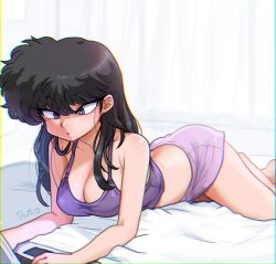 Rule 34 | 1girl, at computer, bare arms, bare legs, bare shoulders, barefoot, bed sheet, black hair, breasts, cleavage, computer, crossed legs, curtains, kunou kodachi, laptop, long hair, looking at object, loungewear, lying, medium breasts, messy hair, on bed, on stomach, purple eyes, purple shorts, purple tank top, ranma 1/2, reading, shorts, signature, tank top, typing, wanta (futoshi)