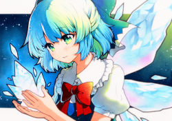Rule 34 | 1girl, blue bow, blue dress, blue eyes, blue hair, blush, bow, cirno, collared shirt, dress, fairy, hair between eyes, hair bow, highres, ice, ice wings, open mouth, puffy short sleeves, puffy sleeves, qqqrinkappp, shirt, short hair, short sleeves, solo, touhou, traditional media, upper body, white shirt, wings