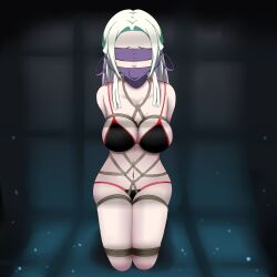 Rule 34 | 1girl, ball gag, bare shoulders, bdsm, black background, black panties, blindfold, blush, bondage, bound, breasts, brown rope, cleavage, cloth gag, collarbone, dankestofdans, edelgard von hresvelg, female focus, fire emblem, fire emblem: three houses, gag, gagged, green background, hair ornament, hair ribbon, highres, improvised gag, intelligent systems, kneeling, large breasts, layered gags, lips, long hair, navel, nintendo, panties, pink lips, purple ribbon, red trim, ribbon, rope, shiny clothes, shiny skin, sideboob, solo, thick thighs, thighs, underwear, underwear only, variant set, white hair