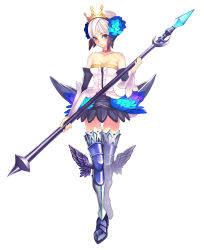 Rule 34 | 1girl, armor, armored dress, boots, choker, crown, dress, elbow gloves, full body, gloves, gwendolyn (odin sphere), iwai ryou, leg wings, low wings, miniskirt, multicolored wings, odin sphere, polearm, pteruges, skirt, solo, standing, strapless, strapless dress, thigh boots, thighhighs, vanillaware, weapon, white background, wings, zettai ryouiki