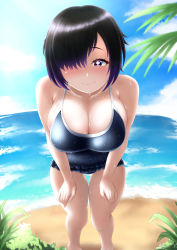Rule 34 | 1girl, absurdres, beach, black hair, blue eyes, blue sky, blush, breasts, cleavage, cloud, cross-shaped pupils, eyelashes, hair over one eye, hands on thighs, highres, large breasts, leaning forward, long bangs, looking at viewer, mee don, one-piece swimsuit, original, plant, plus sign, short hair, sky, smile, solo, standing, summer, sweat, swimsuit, symbol-shaped pupils, tree, water, wet