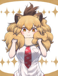 Rule 34 | 1girl, animal ears, bare arms, big hair, blonde hair, breast pocket, brown hair, c:, closed mouth, commentary request, fluffy, fur collar, hair between eyes, hands in hair, hands up, highres, kemono friends, kotobukkii (yt lvlv), lion (kemono friends), lion ears, looking at viewer, multicolored hair, necktie, pocket, red necktie, shirt, short sleeves, smile, solo, two-tone hair, upper body, yellow eyes