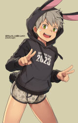 Rule 34 | 1boy, 2023, absurdres, animal costume, animal ears, animal print, bandaid, bandaid on cheek, bandaid on face, bishounen, black hoodie, blush, boxer briefs, bulge, clothes writing, commentary, commentary request, cowboy shot, daikung, double v, drawstring, english text, fake animal ears, fake tail, green eyes, grey hair, happy new year, highres, hood, hoodie, hoodie writing, long sleeves, looking at viewer, male focus, male underwear, new year, open mouth, original, print boxer briefs, print male underwear, rabbit costume, rabbit print, short hair, skindentation, solo, tail, teeth, underwear, upper teeth only, v, white boxer briefs, white male underwear