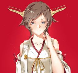 Rule 34 | 10s, 1girl, blue eyes, brown hair, chuzenji, detached sleeves, headgear, hiei (kancolle), kantai collection, looking at viewer, nontraditional miko, red background, short hair, simple background, solo