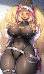 Rule 34 | 1girl, absurdres, animal nose, black bodysuit, blonde hair, body fur, bodysuit, breasts, cleavage cutout, clothing cutout, fangs, furry, furry female, hair between eyes, highres, jacket, large breasts, long hair, long sleeves, looking at viewer, multicolored hair, open clothes, open jacket, open mouth, original, red eyes, red hair, sleeves past wrists, solo, streaked hair, suurin (ksyaro), thick thighs, thighs, twintails, twitter username, white jacket, yellow fur