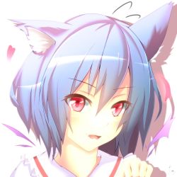 Rule 34 | 1girl, animal ears, bad id, bad pixiv id, blue hair, fami (yellow skies), fang, heart, highres, kemonomimi mode, looking at viewer, paw pose, portrait, red eyes, remilia scarlet, short hair, simple background, smile, solo, touhou