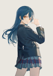 Rule 34 | 1girl, black jacket, blazer, blue hair, blue skirt, brown background, brown eyes, commentary, floating hair, hand up, highres, huanxiang heitu, index finger raised, jacket, long hair, long sleeves, looking at viewer, looking back, love live!, love live! school idol project, parted lips, pleated skirt, school uniform, simple background, skirt, solo, sonoda umi, v-shaped eyebrows