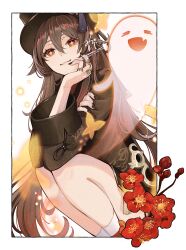 Rule 34 | 1girl, absurdres, black hat, black nails, boo tao (genshin impact), border, brown coat, brown hair, chinese clothes, coat, collared coat, commentary, flower, flower-shaped pupils, genshin impact, ghost, hair between eyes, hand on own arm, hat, hat tassel, head on hand, head rest, highres, hu tao (genshin impact), jewelry, long hair, looking at viewer, misoshiru umai4, multiple rings, plum blossoms, porkpie hat, red eyes, ring, sidelocks, signature, socks, solo, squatting, symbol-shaped pupils, tassel, twitter username, white border, white socks