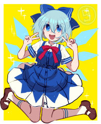 Rule 34 | 1girl, absurdres, bad id, bad pixiv id, blue eyes, blue hair, bow, bowtie, brown footwear, circled 9, cirno, commentary request, crossed bangs, double v, full body, hair between eyes, hair bow, highres, ice, ice wings, open mouth, red bow, red bowtie, shaojiujiu, shirt, short hair, simple background, smile, solo, sparkle, touhou, v, white shirt, wings