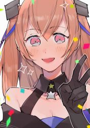 Rule 34 | 1girl, bare shoulders, black gloves, blush, breasts, cleavage, confetti, gloves, hair ribbon, highres, johnston (kancolle), kantai collection, light brown hair, long hair, pink eyes, ribbon, simple background, solo, sparkle, star (symbol), toroween, two side up, upper body, v, white background