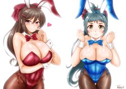 Rule 34 | 2girls, animal ears, black legwear, blue leotard, blue neckwear, blush, bow, bowtie, breasts, brown hair, cleavage, closed mouth, cowboy shot, detached collar, fake animal ears, green eyes, green hair, hair between eyes, hair bow, hair ornament, hair ribbon, hairclip, highres, irako (kancolle), kantai collection, large breasts, leotard, long hair, looking at viewer, mamiya (kancolle), multiple girls, pantyhose, playboy bunny, ponytail, rabbit ears, red bow, ribbon, side-tie leotard, smile, strapless, strapless leotard, ura tomomi, wrist cuffs