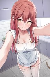 Rule 34 | 1girl, apron, bare shoulders, blush, braid, breasts, cleavage, closed mouth, collarbone, hair between eyes, highres, kaetzchen, kitchen, large breasts, liliya (kaetzchen), long hair, looking at viewer, mole, mole on breast, naked apron, original, pink hair, sidelocks, solo, thighhighs, thighs, white apron, white thighhighs, yellow eyes