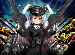 Rule 34 | 1girl, animal ears, belt, belt pouch, black hat, black jacket, black necktie, blood, blood on clothes, blood stain, buttons, cable, cloud, coba (bushclover), cowboy shot, cross, dual wielding, gloves, gun, hair between eyes, hands up, hat, high contrast, highres, holding, holding gun, holding weapon, iron cross, jacket, long hair, long sleeves, looking at viewer, military, military uniform, moon rabbit, nazi, necktie, night, night sky, peaked cap, pocket, pouch, purple hair, rabbit ears, red eyes, reisen udongein inaba, skull and crossbones, sky, smile, solo, sparkle, speaker, touhou, uniform, weapon, white gloves