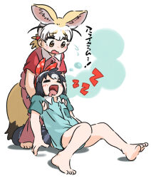 Rule 34 | 2girls, :d, absurdres, animal ears, appleq, barefoot, black hair, blonde hair, blue shirt, blush, brown eyes, closed eyes, collared shirt, commentary request, common raccoon (kemono friends), dress shirt, drooling, fennec (kemono friends), flying sweatdrops, fox ears, fox girl, fox tail, highres, kemono friends, mouth drool, multicolored hair, multiple girls, open mouth, pajamas, pants, pink pants, pink shirt, raccoon ears, raccoon girl, raccoon tail, shirt, short sleeves, simple background, smile, striped tail, sweat, tail, translation request, two-tone hair, wavy mouth, white background, white hair, zzz