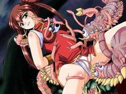 Rule 34 | 1990s (style), 1girl, arms behind back, blush, breasts, brown hair, china dress, chinese clothes, clenched teeth, dress, female focus, imminent rape, long hair, mamono hunter youko, mano youko, monster, outdoors, panties, restrained, retro artstyle, sky, solo, spread legs, teeth, tentacles, twintails, underwear, very long hair, white panties