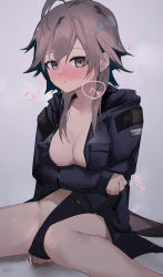 Rule 34 | 1girl, absurdres, ahoge, ao oni (onioni-aoi), arknights, arm under breasts, black jacket, blush, breast pocket, breasts, brown eyes, brown hair, cleavage, closed mouth, grey background, heart, highres, jacket, long hair, long sleeves, looking at viewer, mayer (arknights), medium breasts, motion lines, naked jacket, no bra, no panties, nose blush, pocket, simple background, sitting
