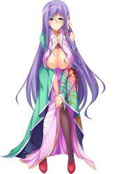 Rule 34 | 1girl, absurdres, blue eyes, blush, breasts, cleavage cutout, clothing cutout, covered erect nipples, full body, hand on own knee, highres, huge breasts, hunched over, koihime musou, kouchuu, long hair, long sleeves, mature female, official art, own hands together, purple hair, smile, solo, transparent background, v arms, very long hair, yatsuha kanan
