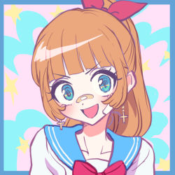 Rule 34 | 1girl, bandages, blue eyes, bow, kunio-kun series, kyoko (kunio-kun), orange hair, ponytail, red bow, river city girls, school uniform
