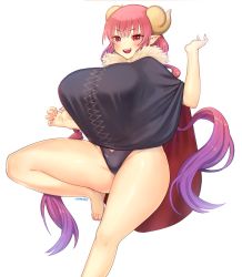 Rule 34 | 1girl, :d, arm up, artist name, barefoot, black cape, black one-piece swimsuit, breasts, cape, claw pose, commentary, dragon girl, dragon horns, drill hair, foot out of frame, fur trim, highres, horns, huge breasts, ilulu (maidragon), kobayashi-san chi no maidragon, leg up, long hair, looking at viewer, one-piece swimsuit, open mouth, pink eyes, pink hair, pointy ears, raoul (raoul77), simple background, smile, solo, swimsuit, swimsuit under clothes, twin drills, very long hair, white background