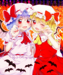 Rule 34 | 2girls, ascot, bad id, bad pixiv id, bat (animal), blonde hair, blue hair, cheek-to-cheek, fang, flandre scarlet, hat, hat ribbon, heads together, highres, looking at viewer, multiple girls, nail polish, one eye closed, onyuuuu, open mouth, pink nails, puffy sleeves, red eyes, red nails, remilia scarlet, revision, ribbon, shirt, short hair, short sleeves, siblings, side ponytail, sisters, skirt, skirt set, smile, touhou, wings, wink, wrist cuffs