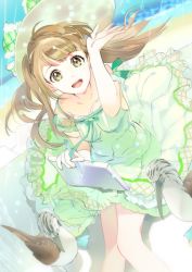 Rule 34 | 10s, 119, 1girl, :d, bird, brown eyes, brown hair, casual, dress, green dress, hand up, hat, highres, long hair, looking at viewer, love live!, love live! school idol festival, love live! school idol project, minami kotori, open mouth, smile, solo, wide-eyed
