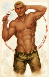 Rule 34 | 1boy, abs, alcohol, bara, blonde hair, blush, cullen (dragon age), dragon age, dragon age: inquisition, drunk, looking at viewer, male focus, muscular, nipples, penis, rumzrumz, topless male, smile, solo, undressing