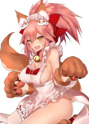 Rule 34 | &gt;:d, 1girl, :d, animal ears, animal hands, apron, artist name, bare shoulders, bell, blush, bow, breasts, bridal garter, brown gloves, cat hair ornament, cleavage, collar, commentary request, fangs, fate/grand order, fate (series), fox ears, fox tail, frilled apron, frills, gloves, hair ornament, hair ribbon, highres, jingle bell, kneeling, large breasts, long hair, looking at viewer, maid headdress, naked apron, neck bell, open mouth, paw gloves, pink hair, ponytail, red bow, ribbon, seiza, sideboob, sidelocks, signature, simple background, sitting, smile, solo, tail, tamamo (fate), tamamo cat (fate), tamamo cat (third ascension) (fate), tamamo no mae (fate/extra), thighs, tsurime, v-shaped eyebrows, white apron, white background, yaman (yamanta lov), yellow eyes