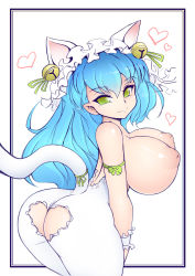 Rule 34 | 1girl, animal ears, ass, ass cutout, bell, blue hair, breasts, cat ears, cat girl, cat tail, clothing cutout, female focus, green eyes, hair ornament, hat, heart, heart cutout, highres, huge breasts, inverted nipples, leaning forward, long hair, looking at viewer, looking back, nipples, no panties, noise (lesion949), pointy ears, puffy nipples, sengoku bushouki muramasa, simple background, smile, solo, standing, tail, topless, white background